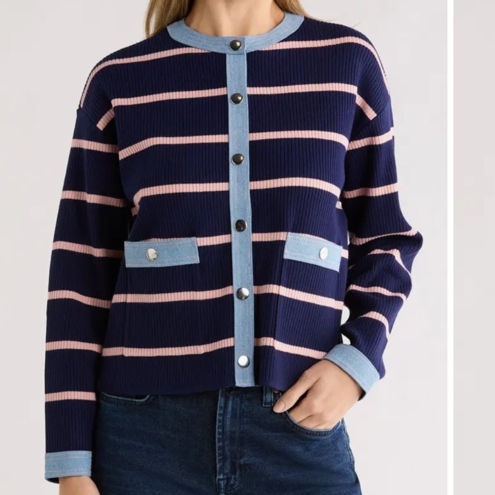 Nanette Lepore Women’s Denim Trim Striped Ribbed Cardigan Size XL